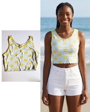 Messy Bun Just Chillin' Smiley Face Crop Tank | Mint + Yellow | Lace Trim | XL